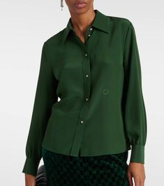 Find GUCCI Silk Crêpe De Chine Shirt on Editorialist. Material: 100% silk. Care instructions: do not wash. Made in Italy. Designer color name: Faded Green. Collar: classic (Straight point). Closure: button fastening. Fitted Gucci Blouse For Fall, Gucci Collared Blouse For Spring, Gucci Spring Collared Blouse, Gucci Collared Blouse For Formal Occasions, Gucci Formal Button-up Blouse, Elegant Gucci Button-up Blouse, Gucci Formal Collared Blouse, Chic Gucci Collared Blouse, Gucci Button-up Blouse For Formal Occasions