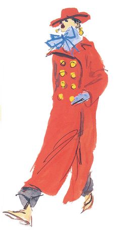 a drawing of a man in a red coat and hat