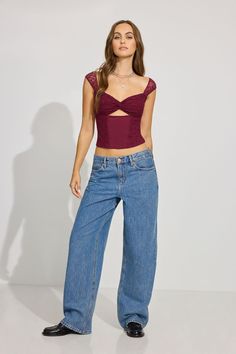 These baggy-fit jeans sit low on the hips and come with a bigger, full-length leg that bunches at the bottom. Perfect for your biggest sweater or your tiniest shirt. We're so in our bag rn. Features - Five-pocket styling - Zip-fly with button closure - Fading and distressing throughout Size & Fit - Fit: Relaxed - Rise: 11.5" - Inseam: 32" - Model is wearing size 3 Materials & Care - Content: 75% cotton, 25% organic cotton - Care: Wash cold, inside out - Imported Tiny Shirts, Low Rise Baggy Jeans, Big Sweaters, Low Rise Jeans, Baggy Jeans, Baggy Fits, Jeans Denim, Jeans Fit, Low Rise