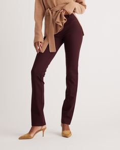 Meet the straight cut version of our favorite ponte pants, offered in multiple inseams. Feels like a yoga pant but with the classic look of your favorite straight legged pants. A flattering design and silhouette, these pants are equally comfy and versatile. Plus, the 4-way stretch you'd usually see in squat-proof leggings makes these appropriate for any setting. Also offered in sizes 1X-3X.  | Quince | Women's Ultra-Stretch Ponte Straight Leg Pants in Burgundy, Size Large, Rayon Fitted Straight Pants With Pull-on Style, Stretch Full-length Pants For Business Casual, Versatile Straight Pants For Fall, Stretch Business Casual Pants, Versatile Stretch Tapered Leg Bottoms, Stretch Tapered Leg Pull-on Dress Pants, Stretch Tapered Leg Dress Pants With Pull-on Style, Tight Full-length Pants With Elastic Waistband, Versatile Elastane Yoga Pants For Work