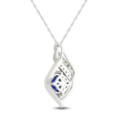 A beautiful cushion-cut blue lab-created sapphire glimmers at the center of this sterling silver necklace for her. Swirls of round-cut white lab-created sapphires shimmer above to finish the look. The pendant sways from an 18-inch rope chain and secures with a lobster clasp. White Gold Necklace With Diamond Cut Lab-created Sapphire, White Gold Necklace With Birthstone And Lab-created Sapphire, White Gold Necklace With Lab-created Sapphire Birthstone, Diamond Cut Lab-created Sapphire Jewelry, White Sapphire Jewelry With Diamond Cut, Diamond White Jewelry With Lab-created Sapphire Gemstone, White Gold Jewelry With Diamond Cut Lab-created Sapphire, Formal Birthstone Jewelry With Lab-created Sapphire, Diamond Cut Lab-created Sapphire Necklace As Gift