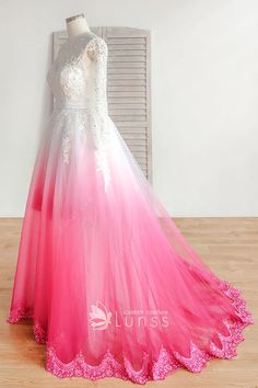 beaded white lace fuchsia bridal dress Pink And White Wedding Dresses, Pink And Black Wedding Dress, Hot Pink Wedding Dress, Bright Pink Wedding, Dress Pins, Sign Dress, Ombre Wedding Dress, Galaxy Outfit, Pink And White Weddings