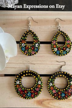 Thank you for your support! Check out Mayan Expressions on Etsy for more colors and designs. Mexican Boho, Mandala Jewelry, Hand Embroidery Dress, Traditional Earrings, Summer Earrings, Jewelry Earring, Polymer Clay Ideas, Earrings Hoop, Embroidery Dress