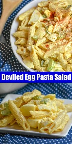 two pictures of deviled egg pasta salad