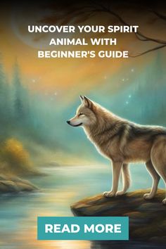 Wolf standing on a rock by a tranquil river under a starry sky with text: "Uncover Your Spirit Animal with Beginner's Guide". Power Animal