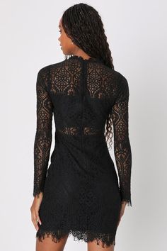 Satisfy your craving for something sexy with the Lulus Appetite for Seduction Black Lace Long Sleeve Dress! Sheer eyelash lace overlay shapes a mock neckline and long sleeves, while knit lining creates a sexy two-piece look. Darted bodice extends into a curve-loving, bodycon mini skirt. Hidden back zipper. Fit: This garment fits true to size. Length: Mid-thigh. Size medium measures 37.25" from shoulder to hem. Bust: Works best for A to C cup sizes - consider sizing up for fuller bust. Waist: Fit Black Lace Long Sleeve Dress, Lace Long Sleeve Dress, Sleeve Lace Dress, Lace Long Sleeve, Cup Sizes, Long Sleeve Lace Dress, Lace Dress Black, Black Lace Dress, Mock Neckline