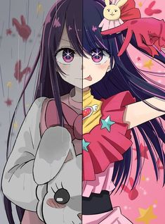 two anime characters one with long hair and the other with blue eyes, both wearing pink