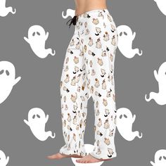 Cute Retro ghosts dressed up as a hippie, sheriff, firefighter, princess, a kitty grim reaper, a surfer, a vampire! They're so cute. These pajama sweatpants are cozy and perfect for this fall season.  ✨Direct-To-Garment printed items. Ink is printed into the fabric, not sitting on top of it. 💚 🦖 For more designs: Shrilye.Etsy.com 📏SIZE -XS, S, M, L, XL, 2XL. -There is a size chart in the photos for reference. Make sure to DOUBLE-CHECK measurements! 🫧WASHING INSTRUCTIONS -Wash inside out, in Halloween Pjs Pants, Casual Halloween Pajama Party Bottoms, Casual Bottoms For Halloween Pajama Party, Casual Bottoms For Pajama Party And Halloween, White Bottoms For Halloween Costume Party, Halloween Pajama Pants, Halloween Sleepover, Halloween Pjs, Ghost Dresses