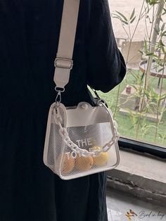 BirdinBag - Chic Mini Chain Square Bag with Letter Graphic Design and Clear White DÃÂÃÂ©cor Everyday Bucket Bag With Chain, White Tote Bag With Chain Strap, White Everyday Bag With Chain Detail, White Shoulder Bag With Chain For Daily Use, White Shoulder Bag With Chain For Everyday, Casual Bags With Chain For Daily Use, White Chain Shoulder Bag For Everyday Use, White Chain Shoulder Bag For Daily Use, Casual Chain Bags For Daily Use