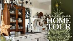 a christmas home tour poster with a tree in the corner and other decorations on shelves