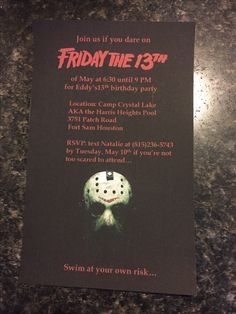 a birthday card for friday the 13th with an image of a hockey mask on it