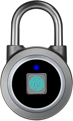 an electronic padlock with fingerprint on the front and side buttons, showing that it is