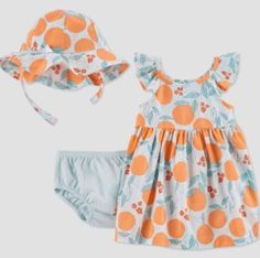 NEW Just One You by Carters 3 Piece Peach Print Dress w/ Hat  Size 9 Months New with tags No returns accepted - priced to sell quickly Listing Tar Clothing 2486 Feel free to contact me with any questions   RETURN POLICY: In following the guidelines from EBAY, if you need to return an item, it must be returned in the same condition in which it was received and it must include all tags (if item was new). If the returned item does not have original tags (if item was new) or damaged during return sh Playful Peach Spring Dress, Playful Peach Summer Dress, Fitted Apricot Dress For Beach, Peach Fitted Beach Dress, Playful Orange Beach Dress, Cute Peach Cotton Dress, Playful Orange Dress For Spring, Playful Orange Spring Dress, Fitted Apricot Summer Dress