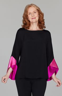 Our signature silk tunic, finished with vibrant color blocked satin cuffs. An effortless statement piece for any occasion. Luxury Casual Color Block Tops, Playful Color Block Winter Tops, Multicolor Silk Tunic Sets, Colour Blocking Outfit, Multicolor Long Sleeve Silk Tunic, Long Sleeve Silk Embroidered Tunic, Flatlay Clothes, Sewing Sleeves, Statement Blouse