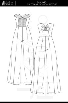 Jumpsuit Outfit Illustration, Cute Fashion Design Sketches, Jumpsuit Sketch Fashion Illustrations, Garment Flat Sketches, Jumpsuit Flat Drawing, Jumpsuit Illustration Sketch, Flat Sketches Dress Front And Back, Front And Back Fashion Illustration, Gown Flat Sketch