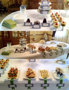 the table is set up with desserts and pastries on it for guests to enjoy