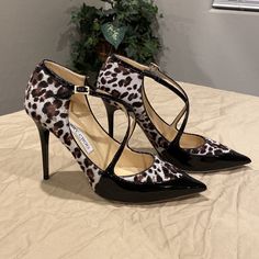 Beautiful Patent Leather And Hide Leopard Print Heels. Barely Worn - Excellent Condition! Heel Is Approximately 4” I Have The Original Dust Bag & Box. Leopard Print Heels, Jimmy Choo Shoes, Jimmy Choo, Shoes Women Heels, Patent Leather, Black And Brown, Leopard Print, Shoes Heels, Dust Bag