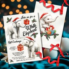 two christmas cards with an elephant and presents