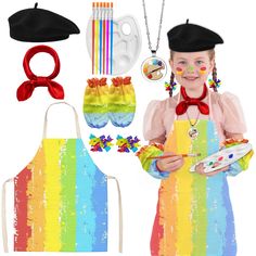 PRICES MAY VARY. 👨‍🎨【15PCS Artist Costume Accessories Set Included🎨】You will receive a kids artist hat,a colorful rainbow apron for kids, a pair of sleeves, a red scarf,a white paint trays with 6 pcs brushes,two hair clips and a necklace.Wonderful gift ideas for kids who like painting!Rich accessories to help children who enjoy painting create better. 👨‍🎨【Effective Protection Design🎨】Our painters aprons and sleeves for kid features rainbow design,the vibrant colors are harmoniously matched Costume Theme Party, Artist Costume, Rich Accessories, Apron For Kids, Artist Hat, Christmas Party Hairstyles, Art Apron, Paint Trays, School Halloween Party