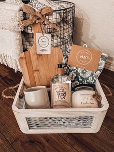 a basket filled with personal care items on top of a wooden floor