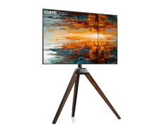 an abstract painting is displayed on a tripod with a white background and wooden legs