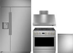 stainless steel kitchen appliances including refrigerator, stove and oven