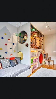 a room with a bed, bookshelf and other items on the wall in it