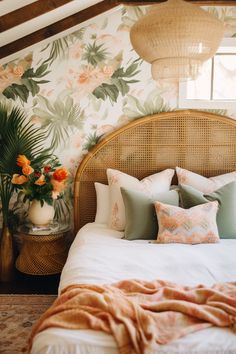 a bedroom with floral wallpaper and wicker headboard on the bed, along with pillows