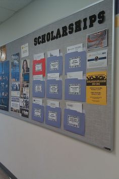 a bulletin board that has some papers on it with the words scholarships written on it