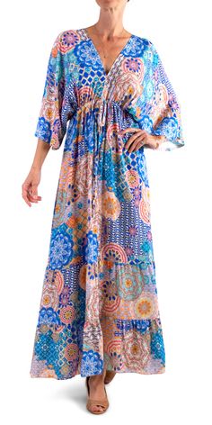 Beautiful Mandalay Print Maxi Dress with Ruffled Bottom. Features a Deep V Neck on Both the Front and the Back. Ties in the Front Above the Waist and Ties in the Back Below the Neck. 100% Viscose One Size Fits Most Made in Italy Mandalay, Printed Maxi, Printed Maxi Dress, Deep V Neck, Deep V, In Italy, Maxi Dress, Italy, V Neck