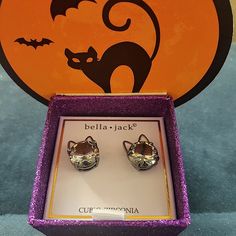 Stunning Bella Jack Earrings Sparkle Cubic Zirconia Packaged In Halloween Box . Party Jewelry With Cat Design And Cat Ears, Silver Cat Design Jewelry With Cat Ears, Party Jewelry With Cat Design, Silver Cat Ears Jewelry, Elegant Cat Design Jewelry For Party, Elegant Party Jewelry With Cat Design, Silver Halloween Party Earrings, Silver Earrings For Halloween Gift, Silver Earrings For Halloween Party