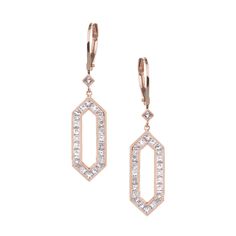 The Kerri White Diamond Earrings take your look to the next level with geometric silhouettes of princess cut white diamonds traversing a hexagon drop shape. 18K Rose Gold Total Diamond Weight: 1.32ct Drop Width: 8mm Drop Length: 1.45" Lever-Back Closure Elegant Octagon Diamond Earrings With Accents, Princess Cut Diamond Earrings, Silhouette Earring, Rose Gold Drop Earrings, White Diamond Earrings, White Princess, Princess Cut Diamond, Diamond Drop Earrings, Gold Drop Earrings