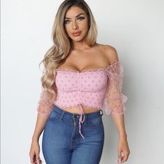 3/4 Mesh Sleeves Polka Dot Design Model Wearing Size Small True To Size Check Out Our Other Boutique Items To Bundle And Save! Fashion Nova Tops, Mesh Sleeves, Polka Dot Design, Design Model, Off Shoulder Blouse, Fashion Nova, Strapless Top, Polka Dot, Crop Top