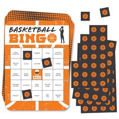 an orange and black basketball game board next to several pieces of paper with the words basketball bingo on it