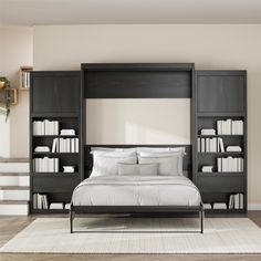 a bedroom with a bed, bookshelf and white carpeted flooring in front of a beige wall