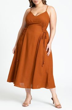 ELOQUII Tie Detail Linen Blend Midi Dress | Nordstrom Plus Size Wedding Guest Dress, Flowy Midi Dress, Midi Sundress, Tie Waist Dress, Plus Size Wedding, Guest Outfit, Waist Dress, Linen Dress, Nordstrom Dresses