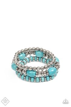 Infused with the refreshing allure of turquoise beads, antiqued silver beads and studded accents are threaded along stretchy bands, creating a stack of artisan-inspired flair. Blue Stone Bracelet, Bracelet Set Silver, Paparazzi Accessories, Paparazzi Jewelry, Blue Bracelet, Silver Accents, One Set, Blue Earrings, Blue Rings