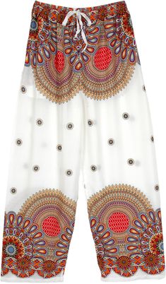 A boho-sophisticated-looking pair of bohemian floral mandala printed free-flowing white pants.  These pants have an elastic waistband and a soft drawstring for sizing comfort. #tlb #SplitSkirtsPants #vacationclothing #beachwrap #Floral #Printed #bohemianfashion #MandalaPants #BohemianPants #ConcertPants #VacationPants Bohemian Patterned Bottoms For Vacation, White Hippie Bottoms For Summer, White Bohemian Harem Pants For Summer, White Harem Pants For Beach In Spring, White Harem Pants For Beach Spring Season, Boho Print Harem Pants For Summer Vacation, Summer Vacation Boho Print Harem Pants, Bohemian Patterned Pants For Vacation, Bohemian Style Patterned Pants For Vacation