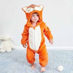 Adorable baby one-piece animal fox dress up hooded jumpsuit costume with fluffy ears and tail for newborn, infant & toddler boys and girls. Long sleeve fleece hoodie coverall outerwear to keep active arms and legs warm. Banded cuffs to keep sleeve from riding up. Front Zip closure style from neck to diaper line. Nickel free metal parts to prevent skin irritation. Made from softest cotton against delicate skin. Clothing is machine wash safe. More sizes are available for this baby clothing set. Baby Winter Romper, Winter Romper, Baby Flannel, Baby Kostüm, Animal Onesie, Animal Pajamas, Baby Overall, Winter Baby Clothes, Kids Overalls