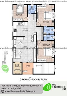 the ground plan for a house with two floors and three bedroom, one bathroom and living room