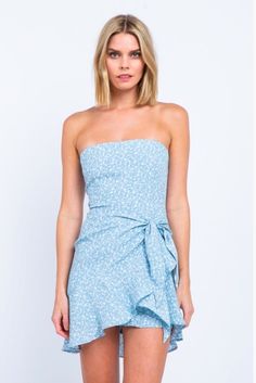 Cute Blue Floral Print Dress - Strapless Mini Dress | Bohopinl Strapless Sundress Mini Dress For Day Out, Flirty Off-shoulder Strapless Dress For Brunch, One-shoulder Tube Top For Date Night Summer, Flirty Bandeau Mini Dress For Brunch, Flirty Strapless Mini Dress For Brunch, Strapless Ruffled Tube Top For Date Night, Strapless Flirty Mini Dress For Brunch, Chic Strapless Tube Top For Brunch, Flirty Sleeveless Tube Top For Brunch