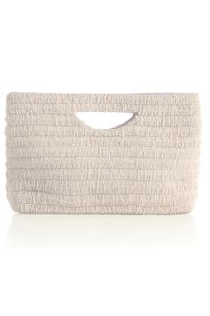 Josie Clutch in White Elevate your summer style with the Josie Clutch in White. This luxurious handbag is adorned with intricately embroidered glass beads and a chic cutout top handle, making it our trendiest accessory yet. The elegant white color scheme effortlessly completes any summertime outfit. White Color Scheme, Round Top Collection, Knit Swimwear, Summertime Outfits, Athleisure Leggings, Cutout Top, Wedges Style, Linen Spray, Handbag Charms