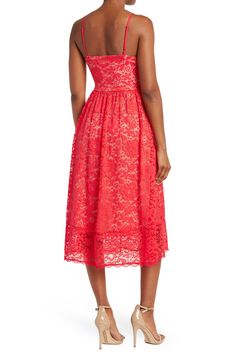 This elegant and feminine midi dress with detailed lace overlay has stretch, making it comfortable to wear all evening long.  45 1/2" length (size S) Adjustable spaghetti straps Zip closure Detailed lace overlay Lined 90% nylon, 10% spandex; lining is 100% polyester Hand wash cold Imported Model stats: 5'10" height, 32" bust, 25" waist, 36" hip. Model is wearing size S. Lace Midi, Lace Midi Dress, Stretch Lace, Lace Overlay, Spaghetti Strap, Sleeveless Dress, Spaghetti, Midi Dress, Hand Wash