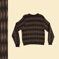 Vintage M men's crewneck sweater, manufactured circa 1990s - early 2000s by Haggar. This sweater has an abstract wavy brown and grey pattern.   - Time Period: c. 1990s  - Brand: Haggar  - Size: M  - Colors: Brown (various hues - some more red/orange toned), grey  - Materials: 75% cotton, 25% acrylic  - Made in: El Salvador  - Condition: In good, vintage condition w/ some minor fraying throughout, and minor fading/discoloration down one of the arms (see hand with photos).  Measurements:   - Armpi Brown Fitted Jacquard Knit Sweater, Retro Brown Sweater For Fall, Casual Brown Jacquard Knit Sweater, Fitted Brown Jacquard Knit Sweater, Fitted Brown Crew Neck Sweater, Retro Brown Knit Sweater, Brown Retro Knit Sweater, Brown Textured Knit Relaxed Fit Sweater, Fitted Brown Textured Knit Sweater