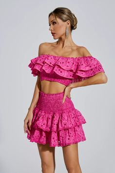 Dorothy Pink Floral Ruffle Off-Shoulder Set Flirty Pink Ruffled Crop Top, Feminine Summer Sets With Ruffles, Pink Flirty Crop Top With Ruffles, Chic Off-shoulder Spring Sets, Fitted Off-shoulder Summer Set, Chic Off-shoulder Summer Sets, Fitted Ruffle Hem Crop Top For Summer, Fitted Tiered Skirt Sets For Spring, Off-shoulder Summer Vacation Sets