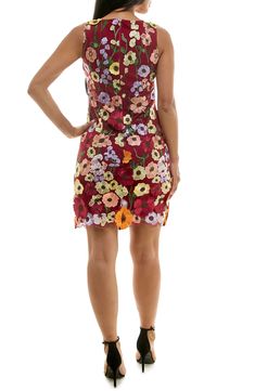 A garden of vivacious embroidered flowers bloom upon this sleeveless dress cut in a sheath silhouette. 37" length Hidden back-zip closure Crewneck Sleeveless 100% polyester Machine wash, tumble dry Imported Flowers Bloom, Dress Cuts, Embroidered Flowers, Sheath Dress, A Garden, Nordstrom Rack, Sleeveless Dress, Nordstrom, Wine