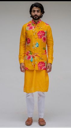 Men Haldi Outfit, Haldi Kurta For Men, Haldi Outfit For Bride, Orange Outfits, Haldi Dress, Sleeveless Kurta, Satin Pant, Yellow Kurta, Haldi Outfit