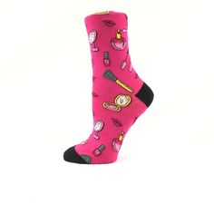 Novelty crew socks with make up motif, covered all over printed on a fuschia background. Fits size 4-10 Cotton blend Machine washable Fun Pink Socks For Stocking Stuffers, Fuschia Background, Crew Socks, Make Up, Cotton Blend, Socks, Makeup