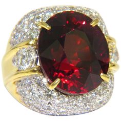 Raised Dome Spessartite GIA 28.64ct. Natural Red Spessartite & 4.00ct. diamonds ring. GIA Certified Report ID: 2105439004 17.14 X 14.58 X 12.84mm Full cut oval brilliant Clean Clarity & Transparent 4.00ct. Diamonds. Rounds Full cuts G-color Vs-2 clarity. 18kt. yellow gold 21 grams Ring Current size: 6 (Free Resize Service, Please inquire) Ring: .89 inch wide Depth: .53 inch $36,000 Appraisal Certificate to accompany Red Diamond Ring, Tsavorite Ring, Interesting Jewelry, Garnet And Diamond Ring, Spessartite Garnet, Fancy Yellow Diamond, Ruby Diamond Rings, Gold Rings Jewelry, Dome Ring