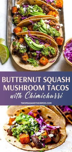 butternut squash mushroom tacos with cilantro and broccoli on top